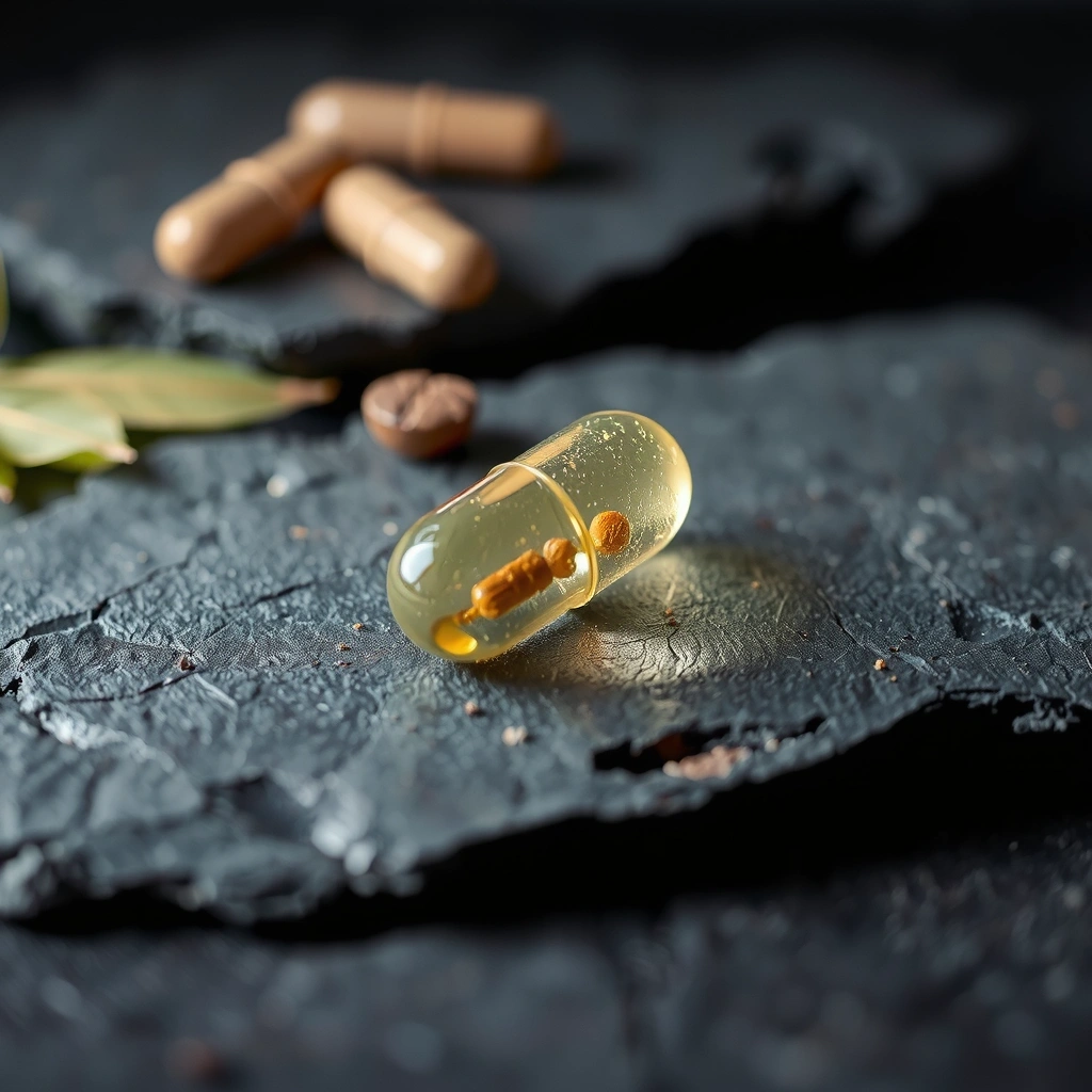 Makroaufnahme eines Nahrungsergänzungsmittels auf Schiefer